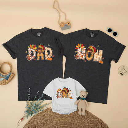 One Little Turkey Family Matching Thanksgiving Outfits DAD MOM BRO Cute Birthday Boys Girls Plaid Pumpkin Feather Headdress