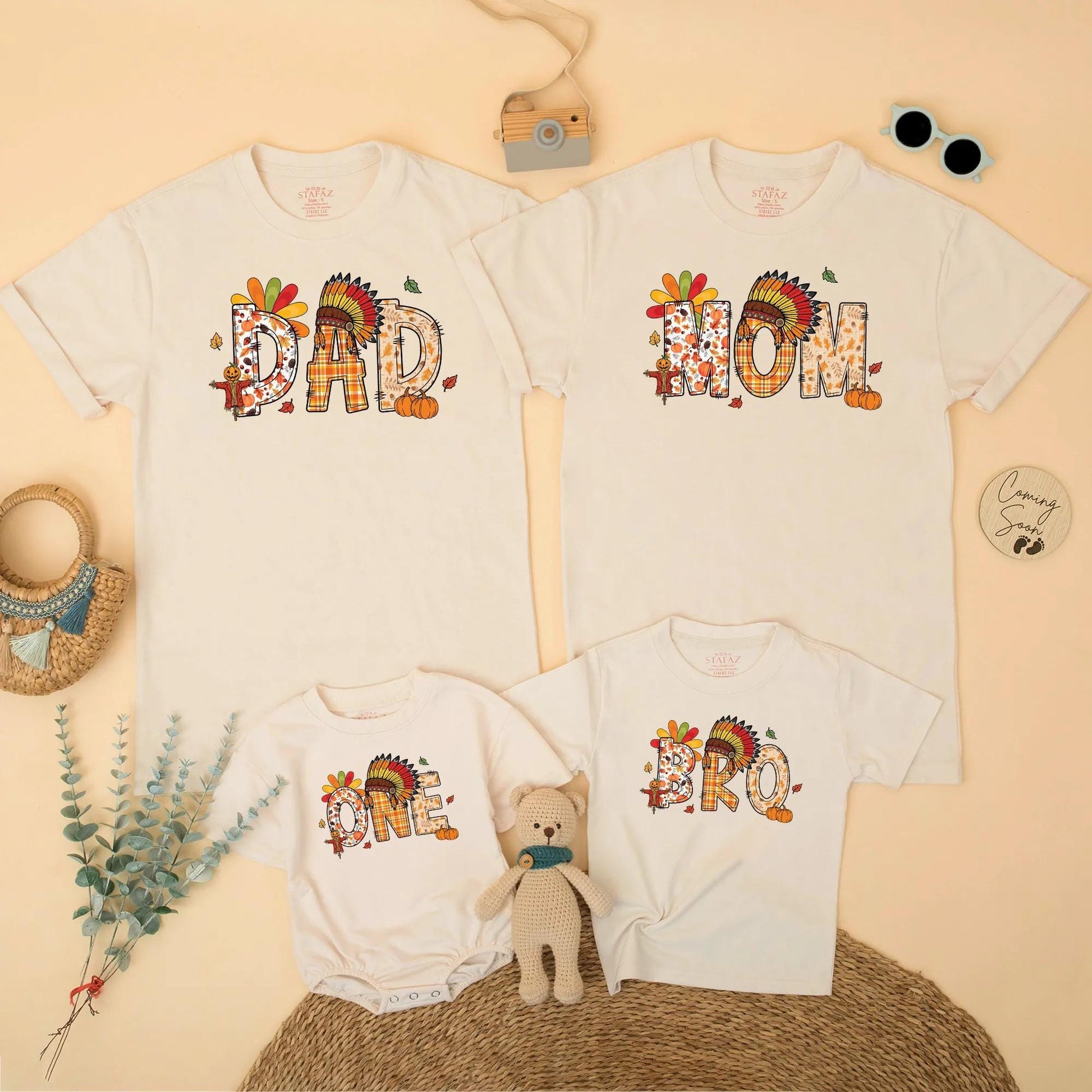 One Little Turkey Family Matching Thanksgiving Outfits DAD MOM BRO Cute Birthday Boys Girls Plaid Pumpkin Feather Headdress