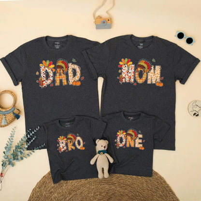 One Little Turkey Family Matching Thanksgiving Outfits DAD MOM BRO Cute Birthday Boys Girls Plaid Pumpkin Feather Headdress