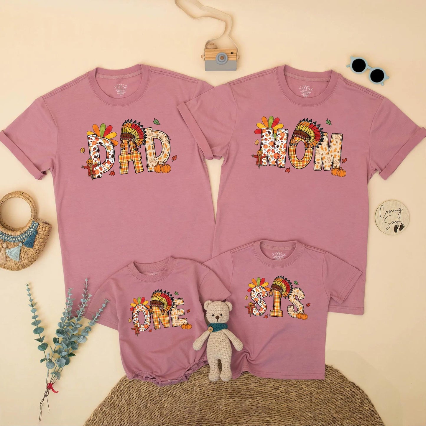 One Little Turkey Family Matching Thanksgiving Outfits DAD MOM BRO Cute Birthday Boys Girls Plaid Pumpkin Feather Headdress