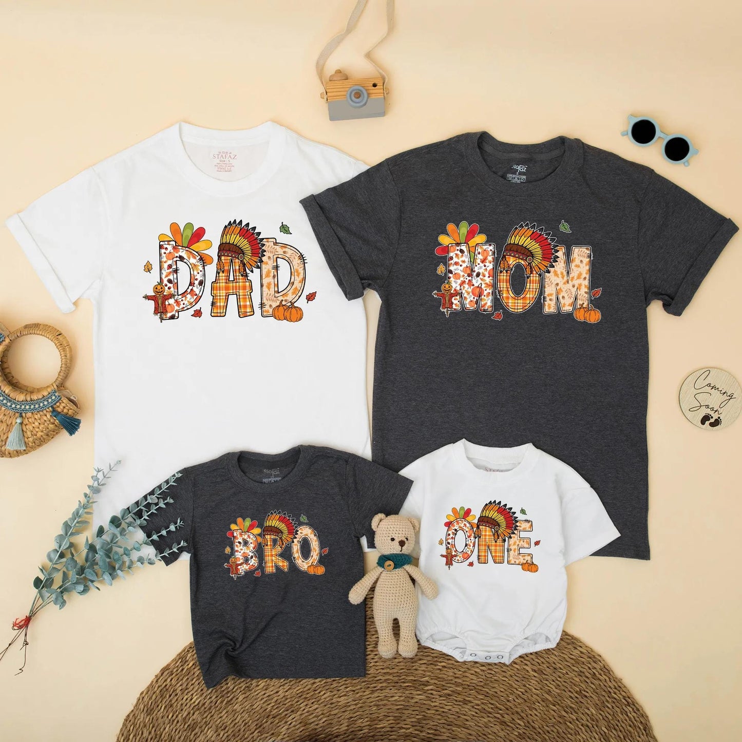 One Little Turkey Family Matching Thanksgiving Outfits DAD MOM BRO Cute Birthday Boys Girls Plaid Pumpkin Feather Headdress