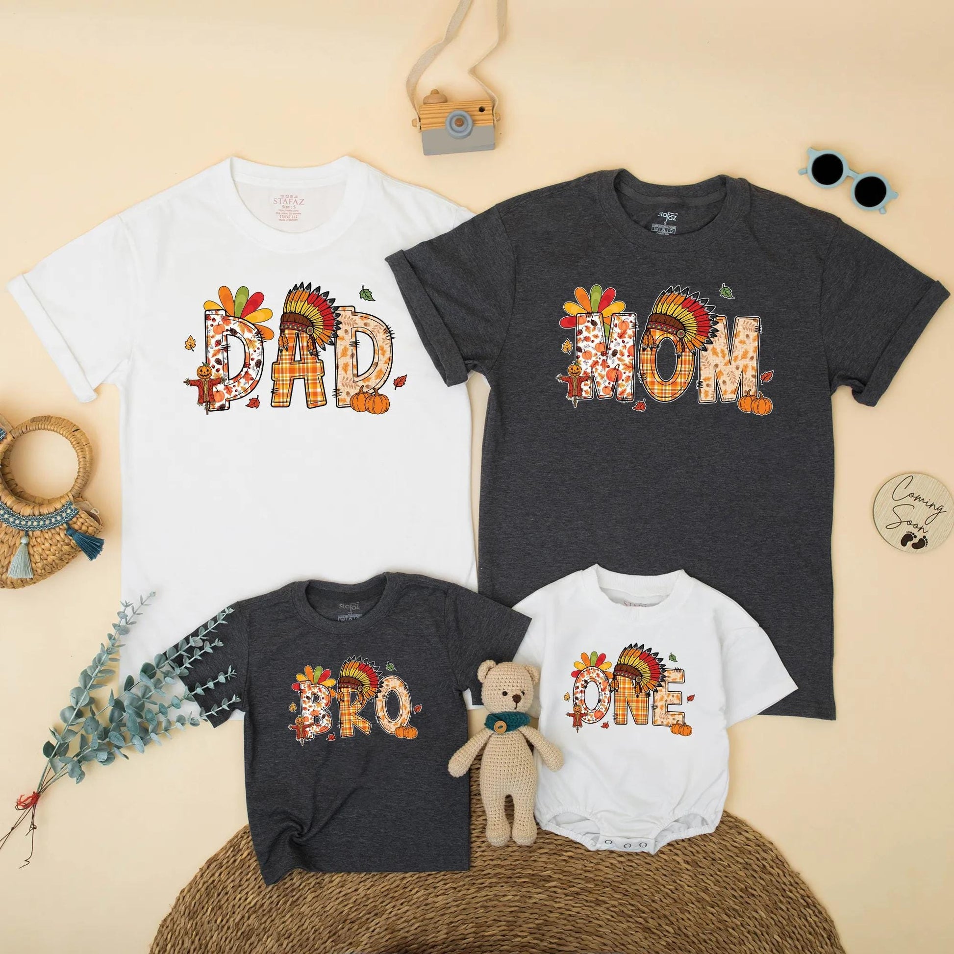 One Little Turkey Family Matching Thanksgiving Outfits DAD MOM BRO Cute Birthday Boys Girls Plaid Pumpkin Feather Headdress