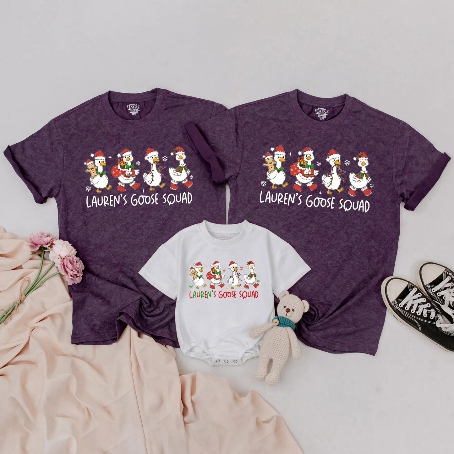 Lauren's Goose Squad Matching Christmas Shirts, Funny Personalized Family Holiday Tees, Custom Name Xmas Outfit, Festive Cartoon Geese Reunion Gift (139 chars)