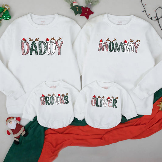 Personalized Christmas Family Sweatshirts Daddy Mommy Custom Names with Reindeer Antlers and Santa Hats Festive Holiday Outfits for Mom Dad and Kids