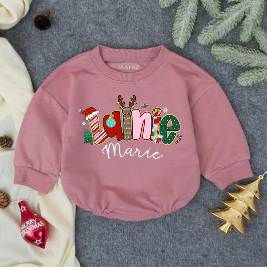 Personalized Baby Toddler Christmas Bubble Romper, First Christmas Outfit with a festive 'Janie Marie' design featuring colorful reindeer, candy canes, and ornaments