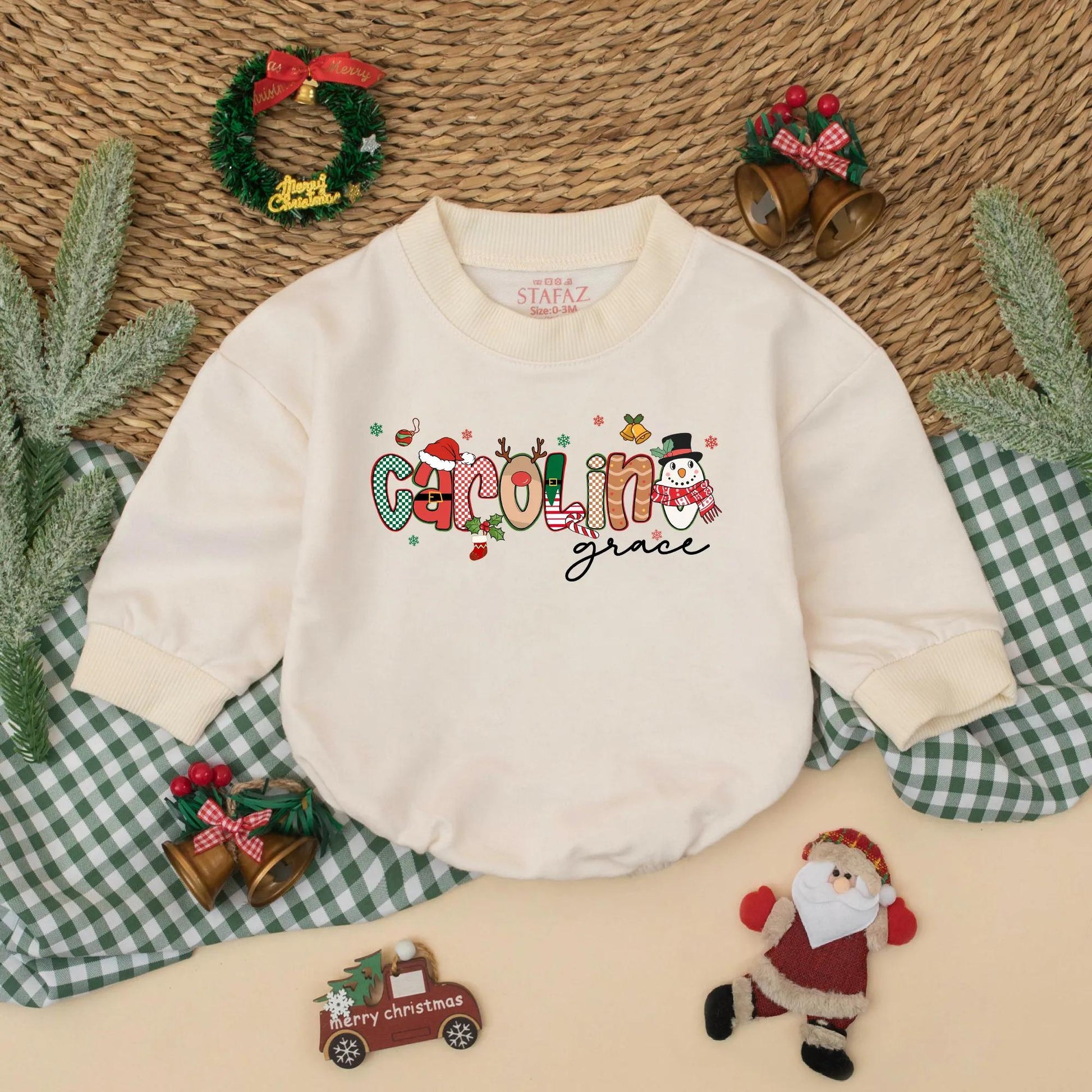 Custom Name Christmas Bubble Romper for Baby Girl First Holiday Outfit with Festive Santa Snowman Whimsical Red Green Design Newborn Shower Gift