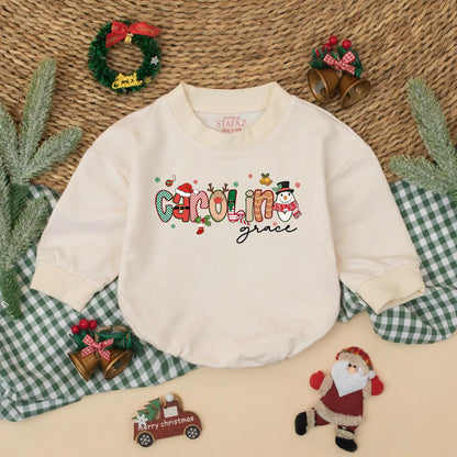 Custom Name Christmas Bubble Romper for Baby Girl First Holiday Outfit with Festive Santa Snowman Whimsical Red Green Design Newborn Shower Gift