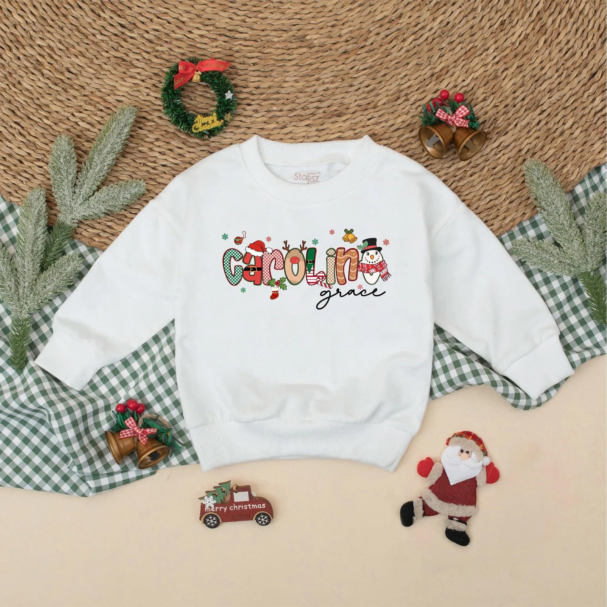 Custom Name Christmas Bubble Romper for Baby Girl First Holiday Outfit with Festive Santa Snowman Whimsical Red Green Design Newborn Shower Gift