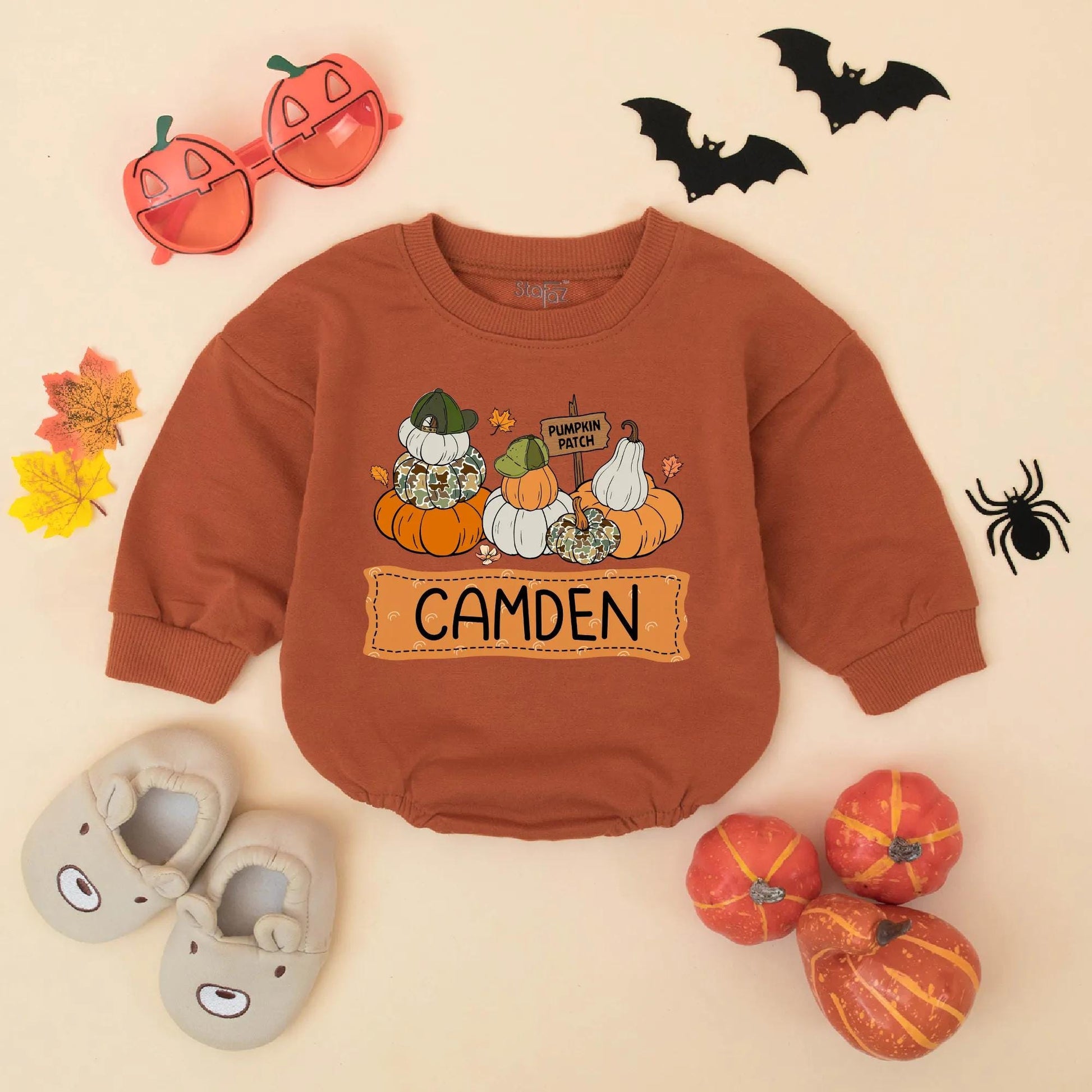Personalized Pumpkin Patch Baby Outfit Romper, Custom Name Fall Toddler Sweatshirt, Whimsical Pumpkin Season Bodysuit for Girls Boys 138 chars