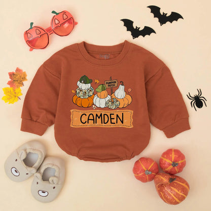 Personalized Pumpkin Patch Baby Outfit Romper, Custom Name Fall Toddler Sweatshirt, Whimsical Pumpkin Season Bodysuit for Girls Boys 138 chars