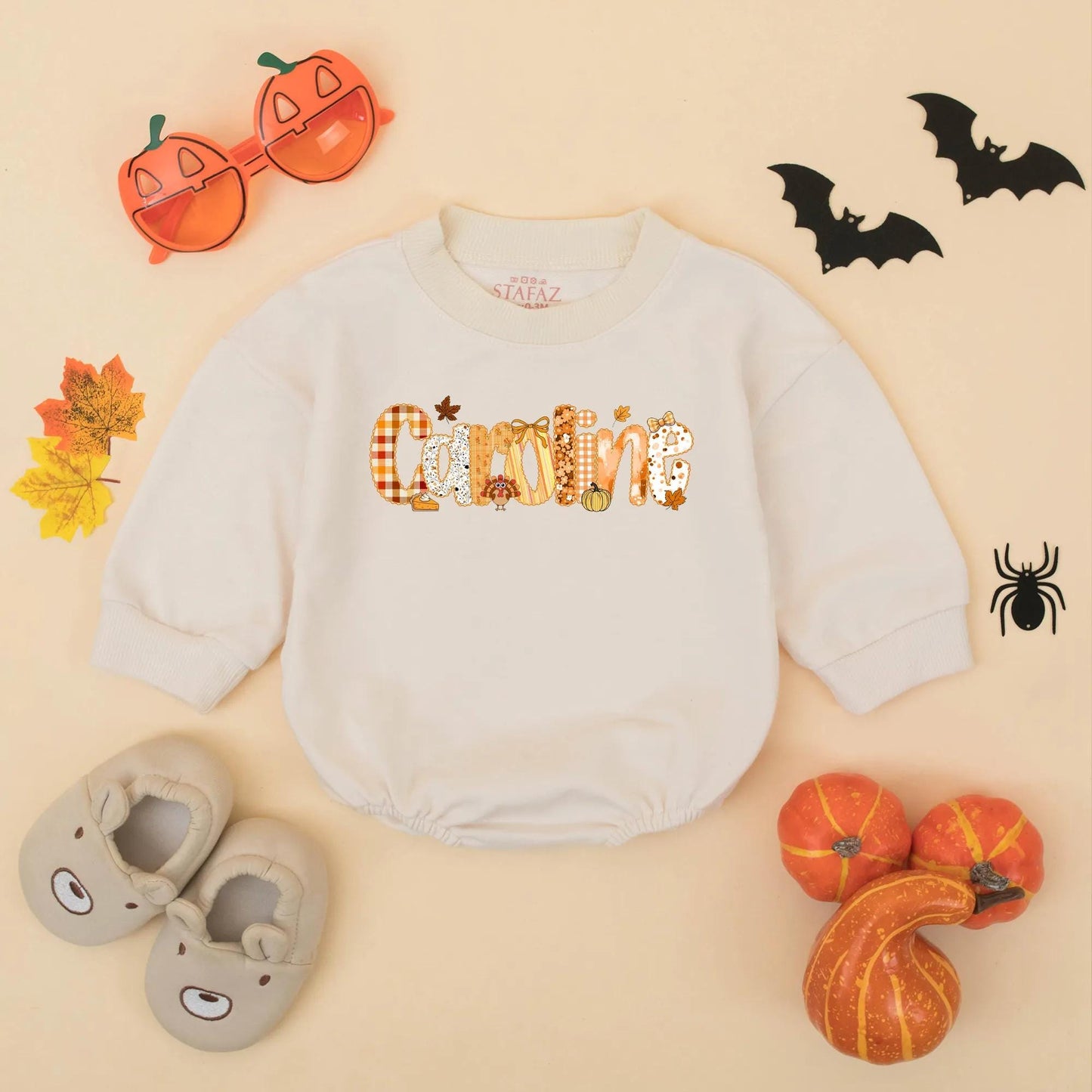 Personalized Caroline Bubble Romper, Preppy Fall Thanksgiving Baby Girl Outfit, Name Toddler Bodysuit featuring Pumpkin Plaid Leaf & Turkey Design