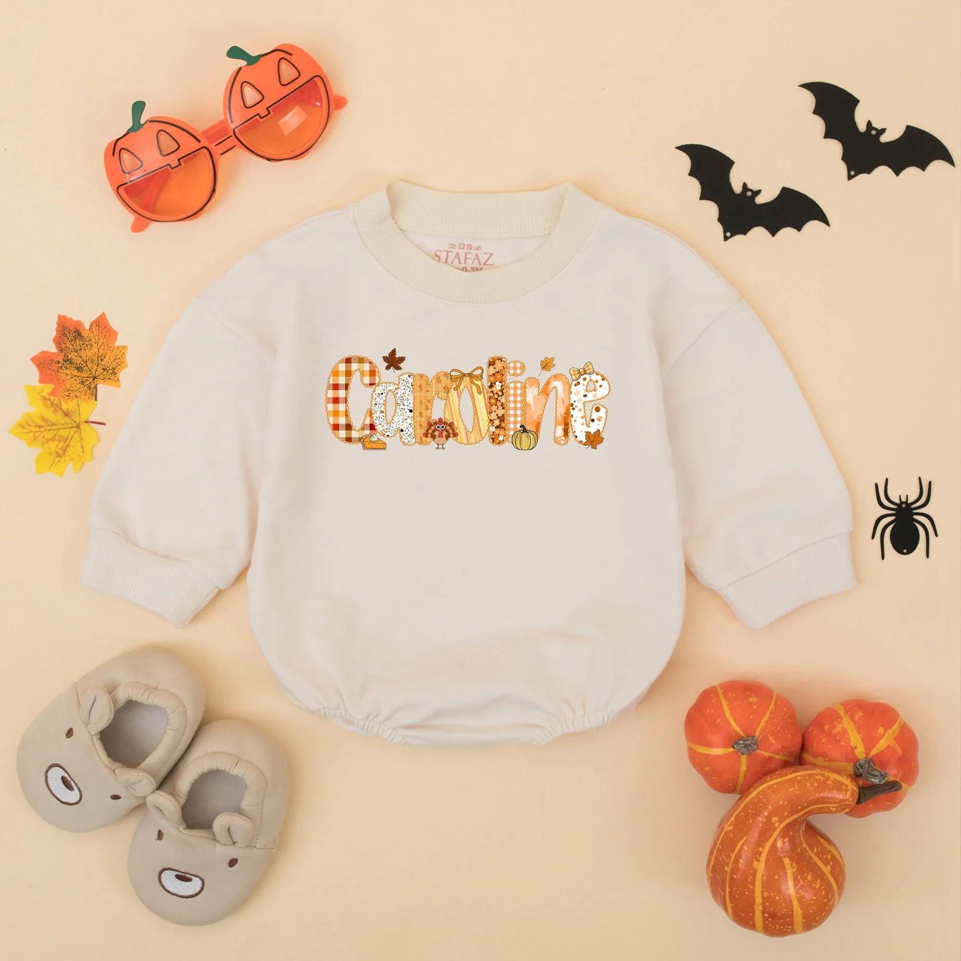 Personalized Caroline Bubble Romper, Preppy Fall Thanksgiving Baby Girl Outfit, Name Toddler Bodysuit featuring Pumpkin Plaid Leaf & Turkey Design