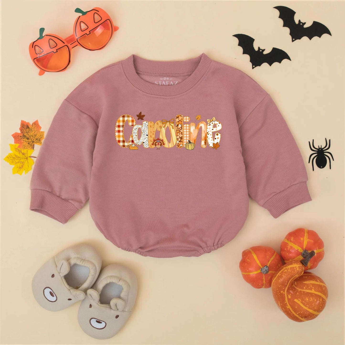 Personalized Caroline Bubble Romper, Preppy Fall Thanksgiving Baby Girl Outfit, Name Toddler Bodysuit featuring Pumpkin Plaid Leaf & Turkey Design