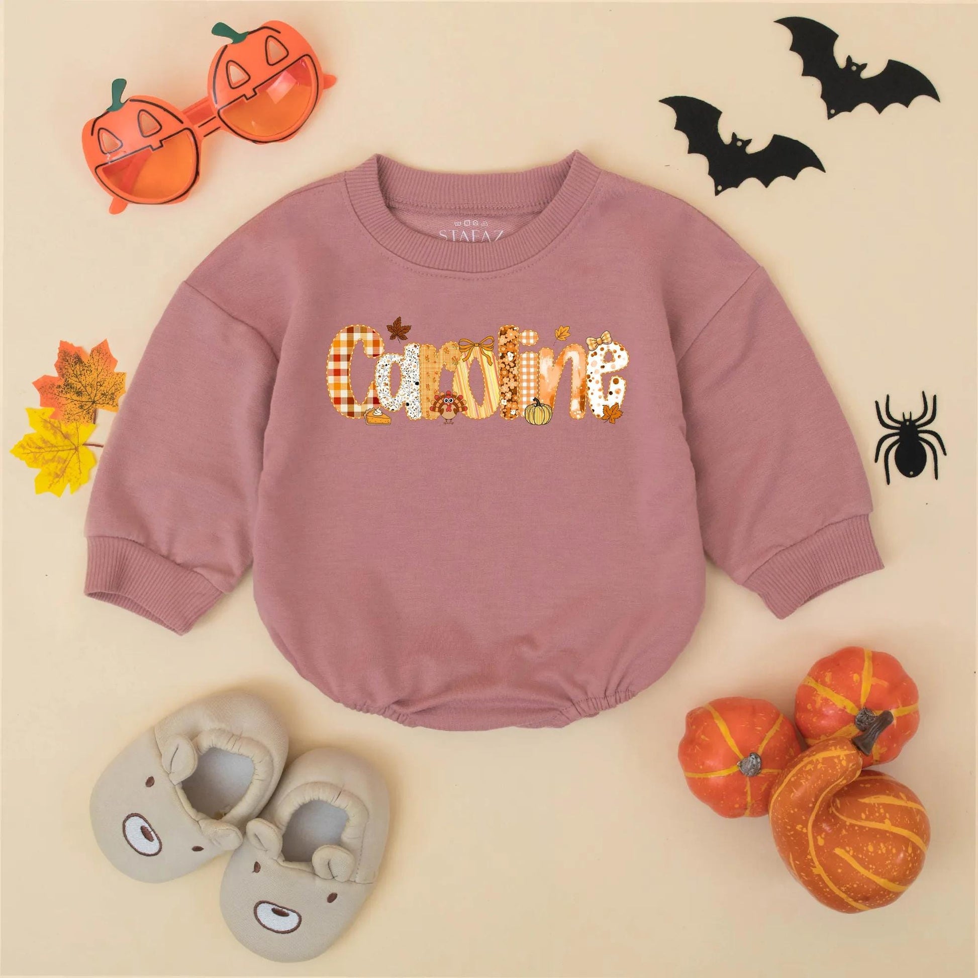 Personalized Caroline Bubble Romper, Preppy Fall Thanksgiving Baby Girl Outfit, Name Toddler Bodysuit featuring Pumpkin Plaid Leaf & Turkey Design
