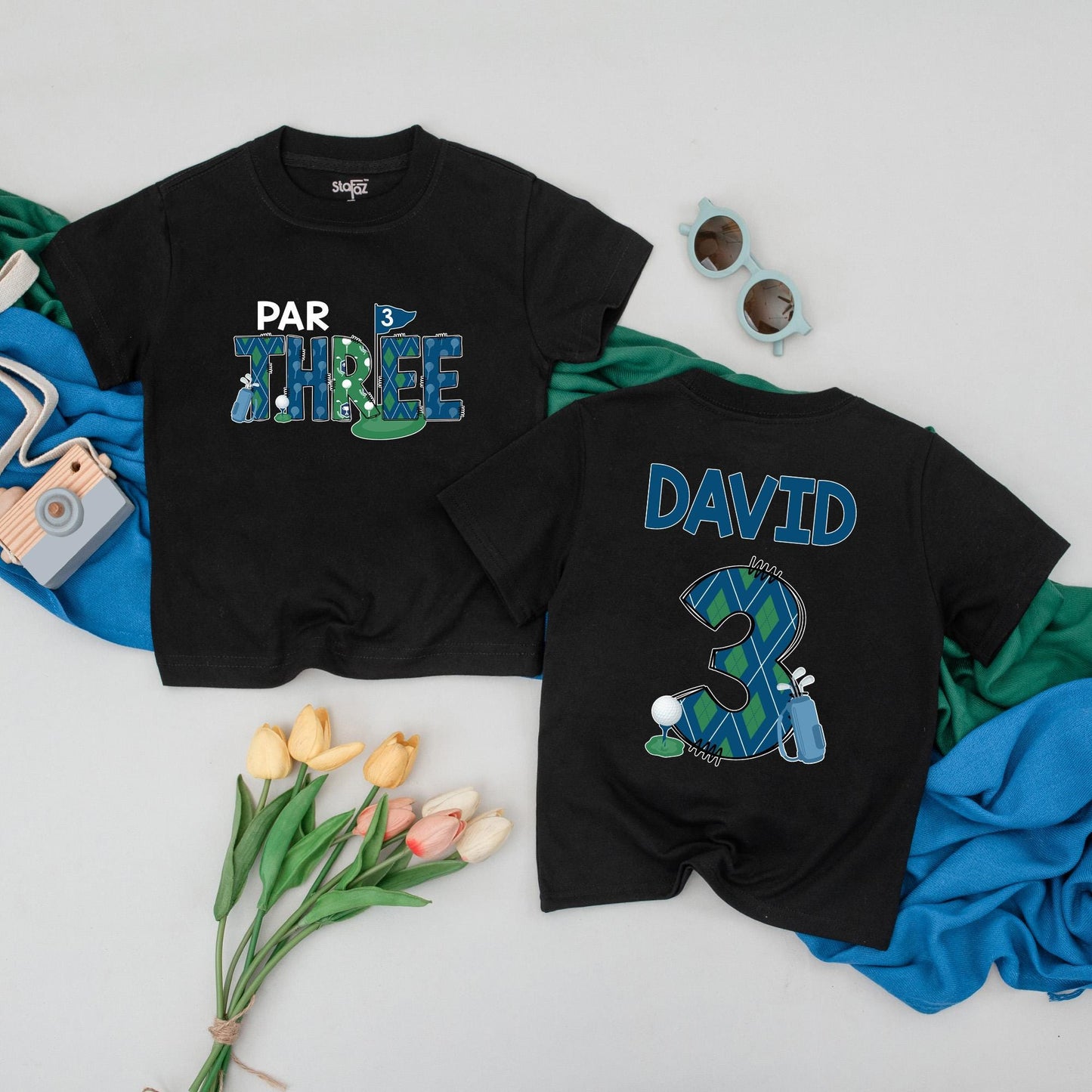 Personalized Par Three Birthday Boy Tee: Custom Name Golf Shirt for Third Birthday Toddler, Fun Argyle Golfing Outfit, Cute Kids Golf Party Clothes