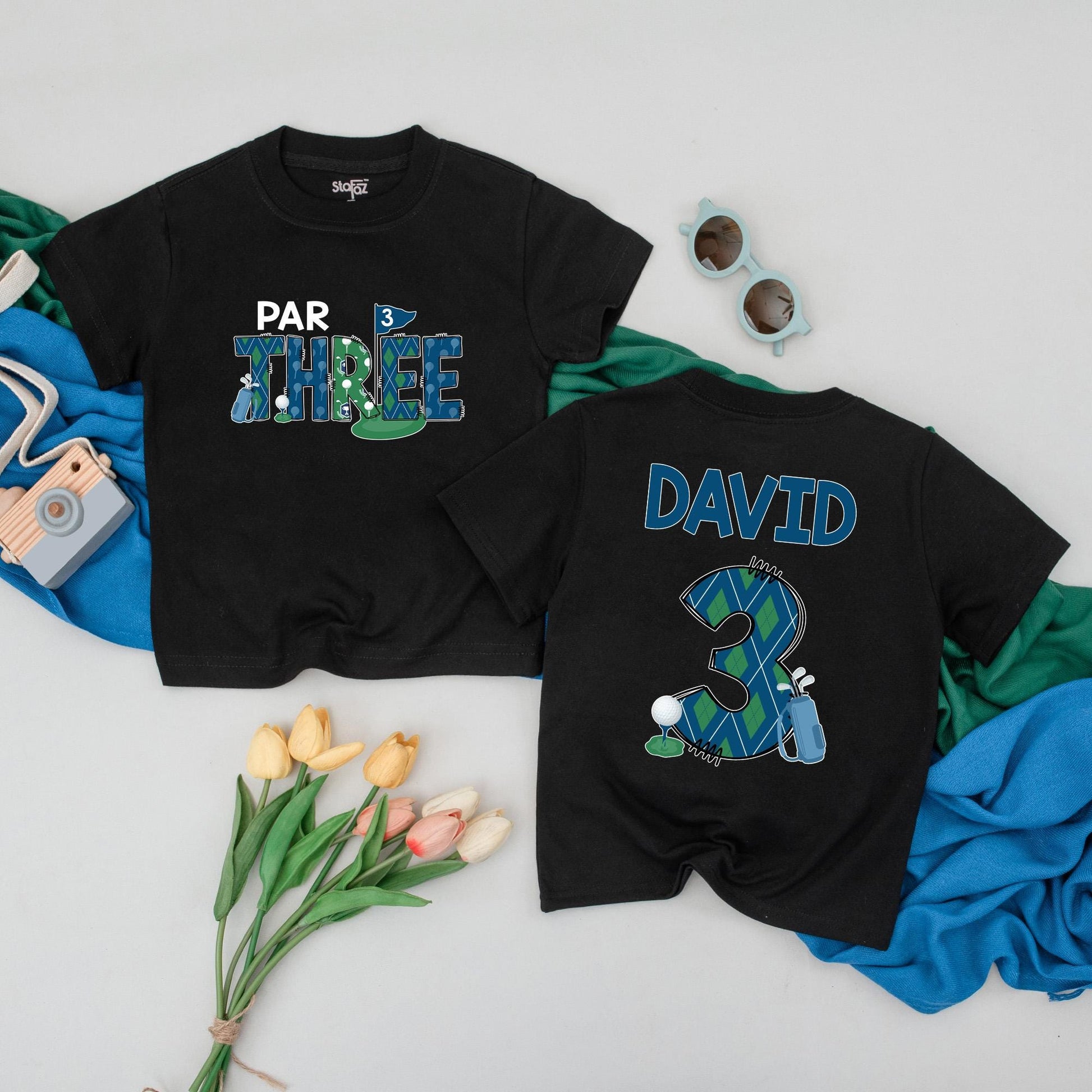 Personalized Par Three Birthday Boy Tee: Custom Name Golf Shirt for Third Birthday Toddler, Fun Argyle Golfing Outfit, Cute Kids Golf Party Clothes
