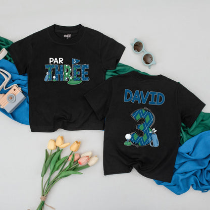 Personalized Par Three Birthday Boy Tee: Custom Name Golf Shirt for Third Birthday Toddler, Fun Argyle Golfing Outfit, Cute Kids Golf Party Clothes