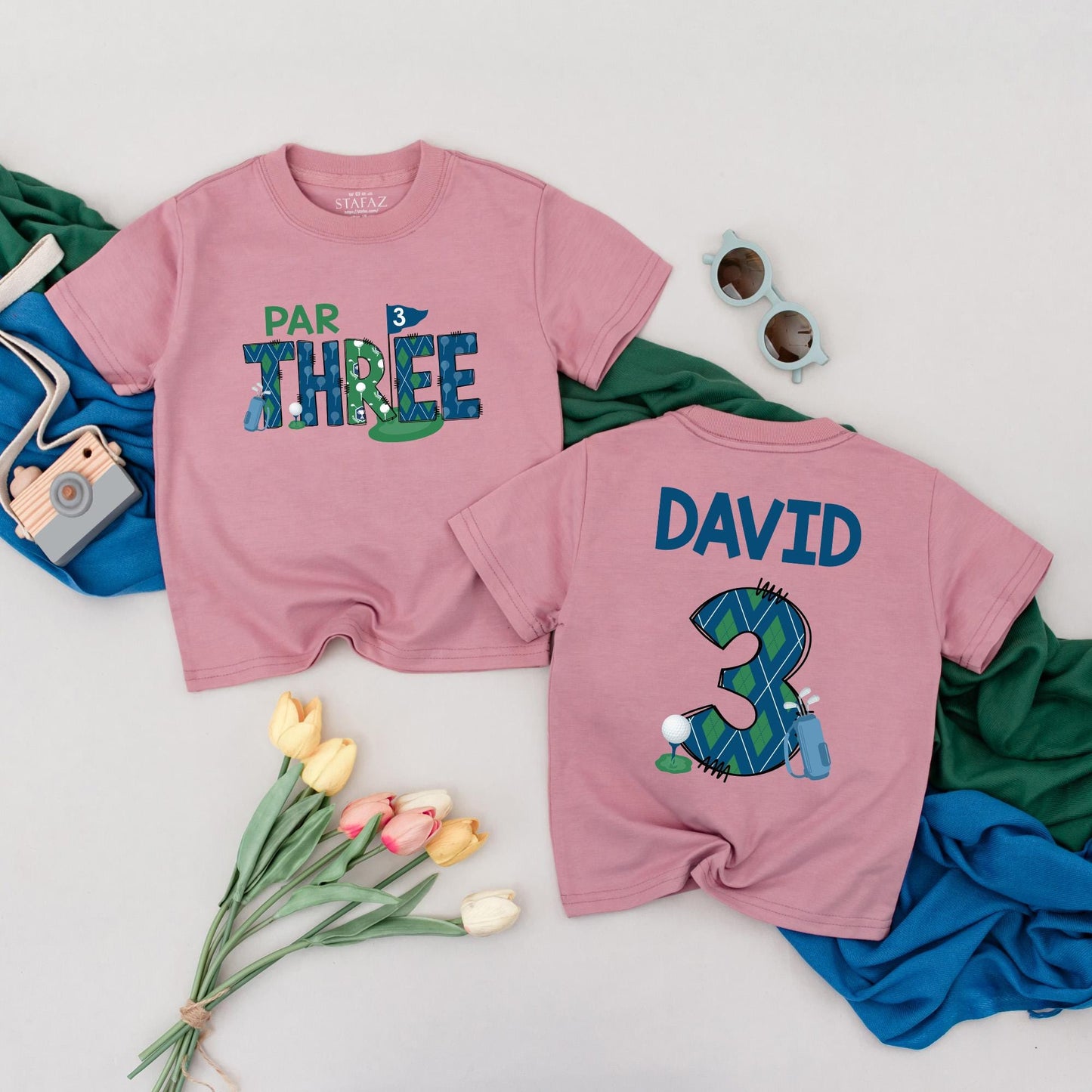 Personalized Par Three Birthday Boy Tee: Custom Name Golf Shirt for Third Birthday Toddler, Fun Argyle Golfing Outfit, Cute Kids Golf Party Clothes