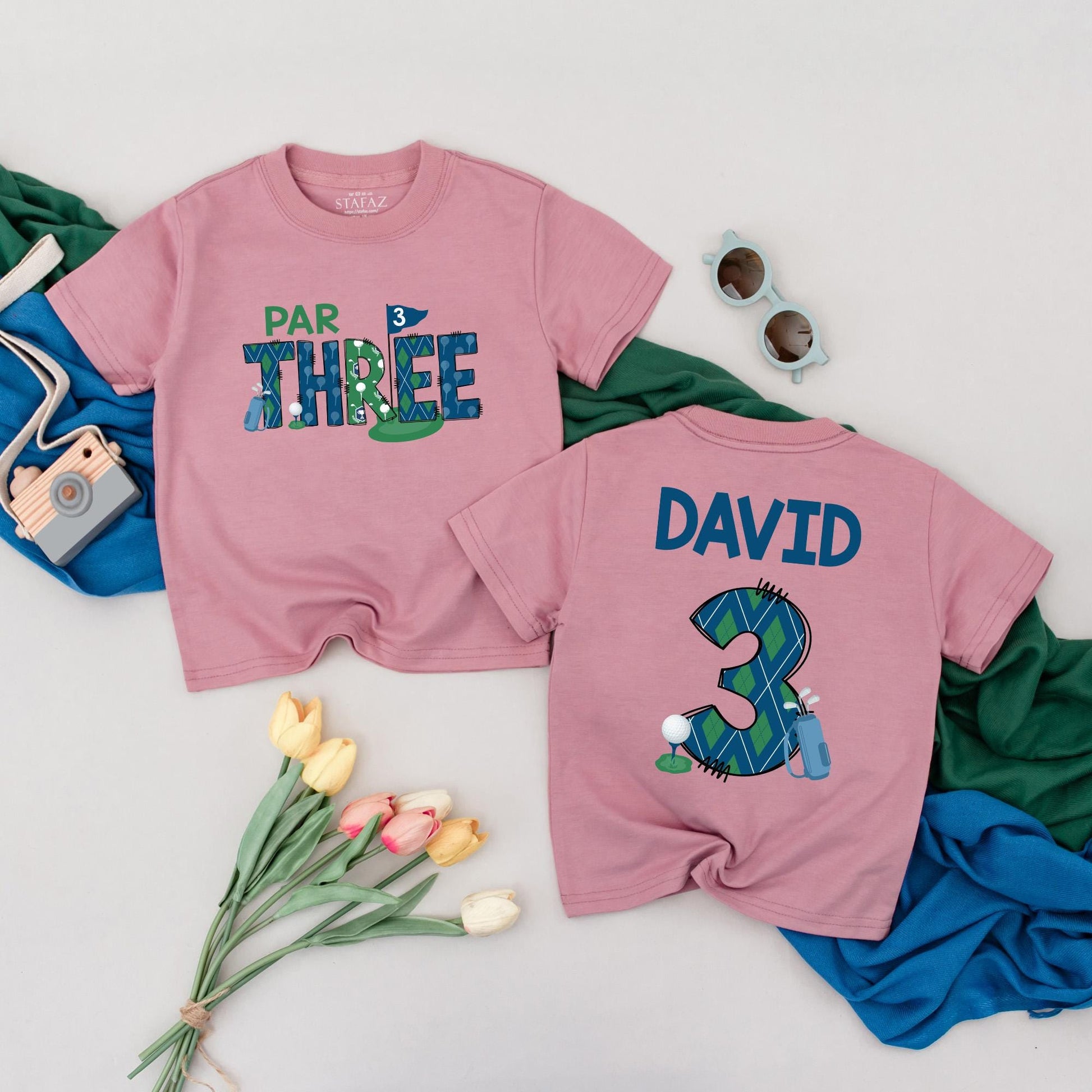 Personalized Par Three Birthday Boy Tee: Custom Name Golf Shirt for Third Birthday Toddler, Fun Argyle Golfing Outfit, Cute Kids Golf Party Clothes