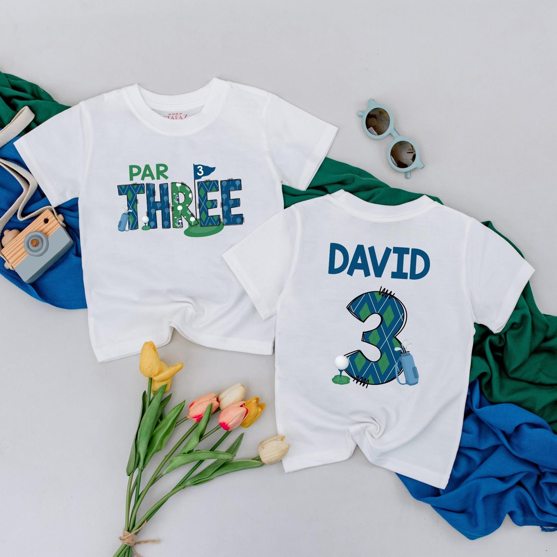 Personalized Par Three Birthday Boy Tee: Custom Name Golf Shirt for Third Birthday Toddler, Fun Argyle Golfing Outfit, Cute Kids Golf Party Clothes