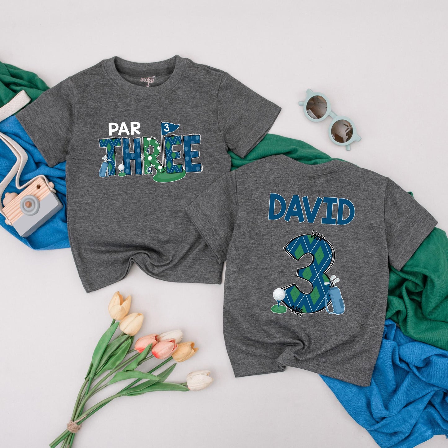 Personalized Par Three Birthday Boy Tee: Custom Name Golf Shirt for Third Birthday Toddler, Fun Argyle Golfing Outfit, Cute Kids Golf Party Clothes