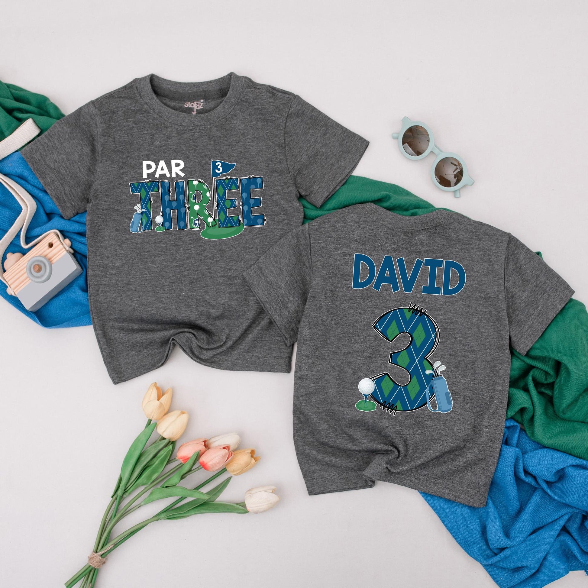 Personalized Par Three Birthday Boy Tee: Custom Name Golf Shirt for Third Birthday Toddler, Fun Argyle Golfing Outfit, Cute Kids Golf Party Clothes
