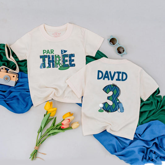 Personalized Par Three Birthday Boy Tee: Custom Name Golf Shirt for Third Birthday Toddler, Fun Argyle Golfing Outfit, Cute Kids Golf Party Clothes