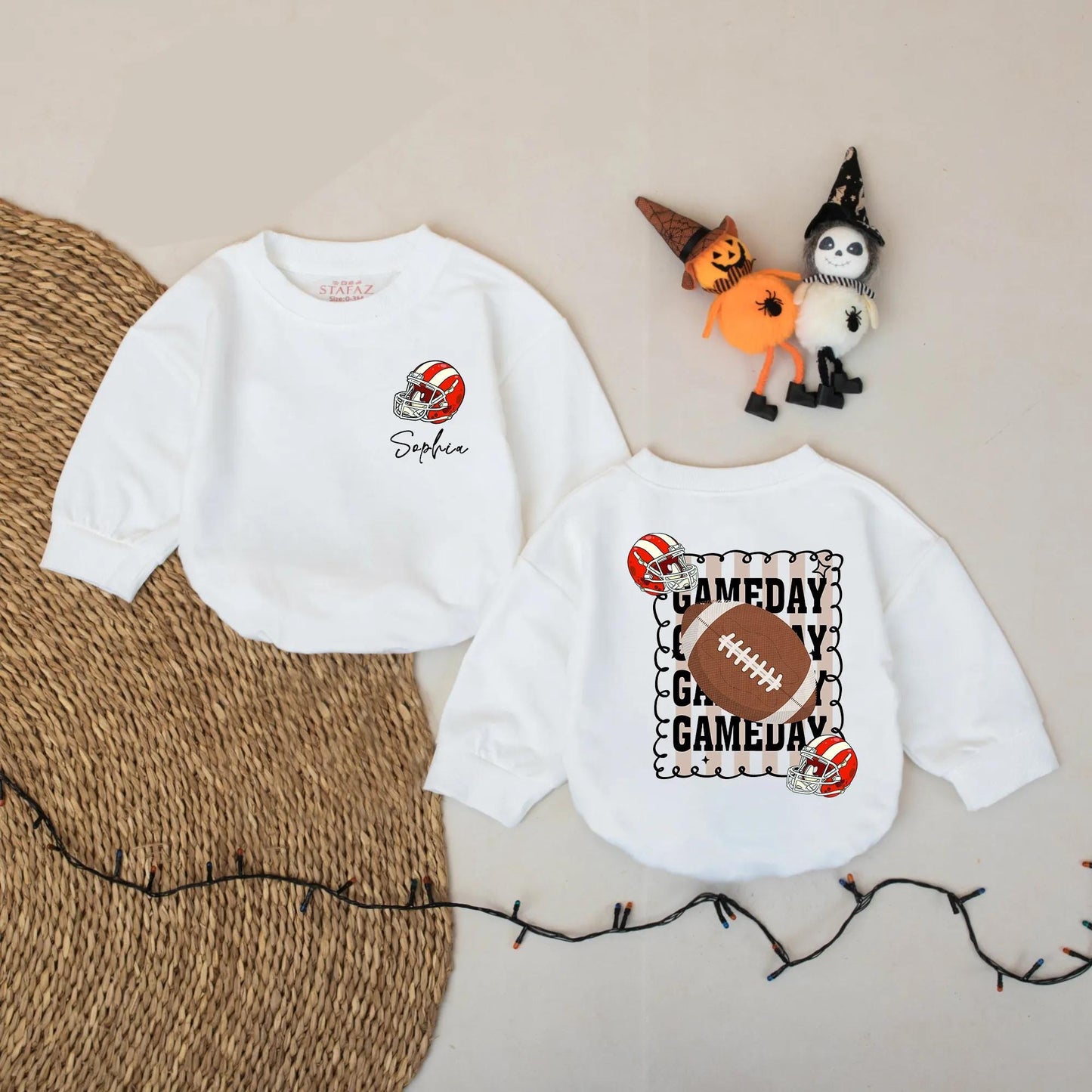 Personalized Baby Football Romper with Name & Game Day Helmet Design, Sporty Red White Cursive Sophia Newborn Toddler Bubble Sweatshirt