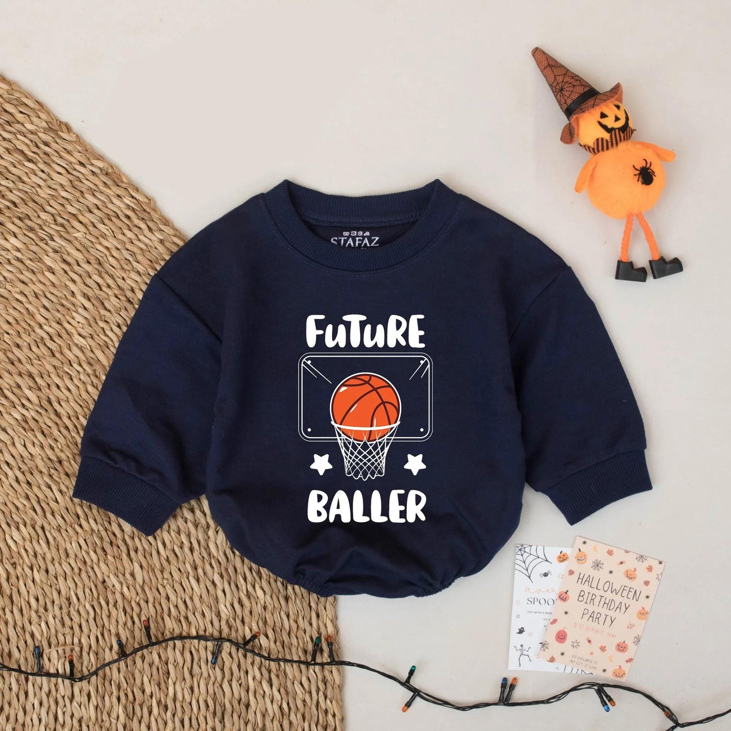 Future Baller Bubble Romper with bold basketball graphic baby boy bodysuit ideal for newborn shower gifts and aspiring little hoop stars