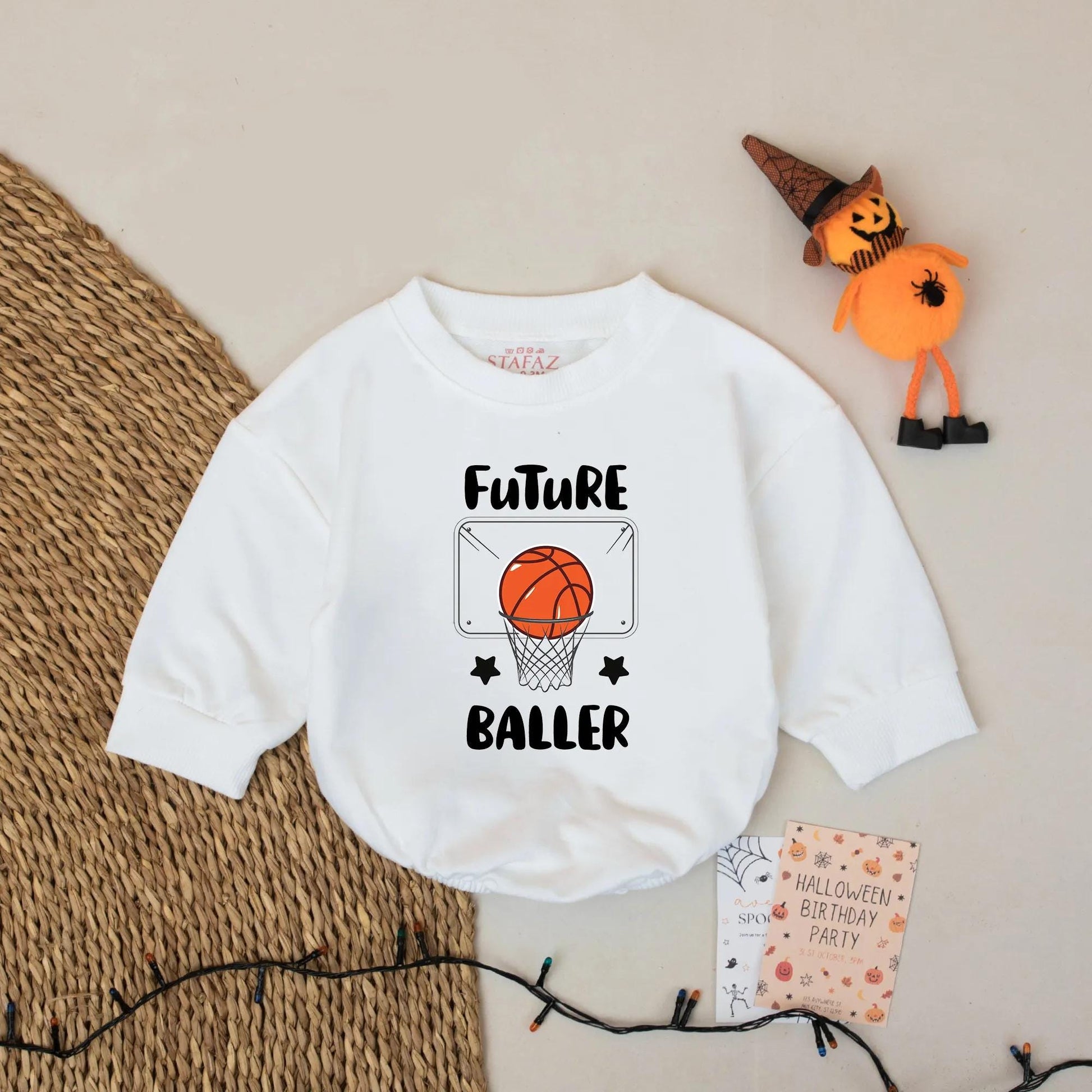Future Baller Bubble Romper with bold basketball graphic baby boy bodysuit ideal for newborn shower gifts and aspiring little hoop stars