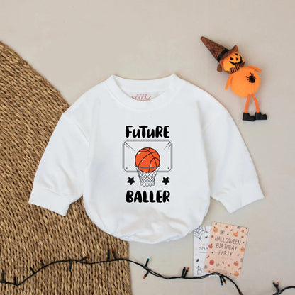 Future Baller Bubble Romper with bold basketball graphic baby boy bodysuit ideal for newborn shower gifts and aspiring little hoop stars