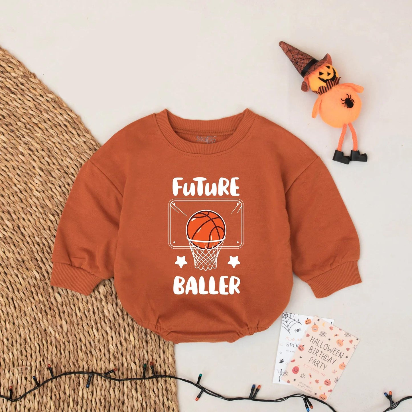 Future Baller Bubble Romper with bold basketball graphic baby boy bodysuit ideal for newborn shower gifts and aspiring little hoop stars