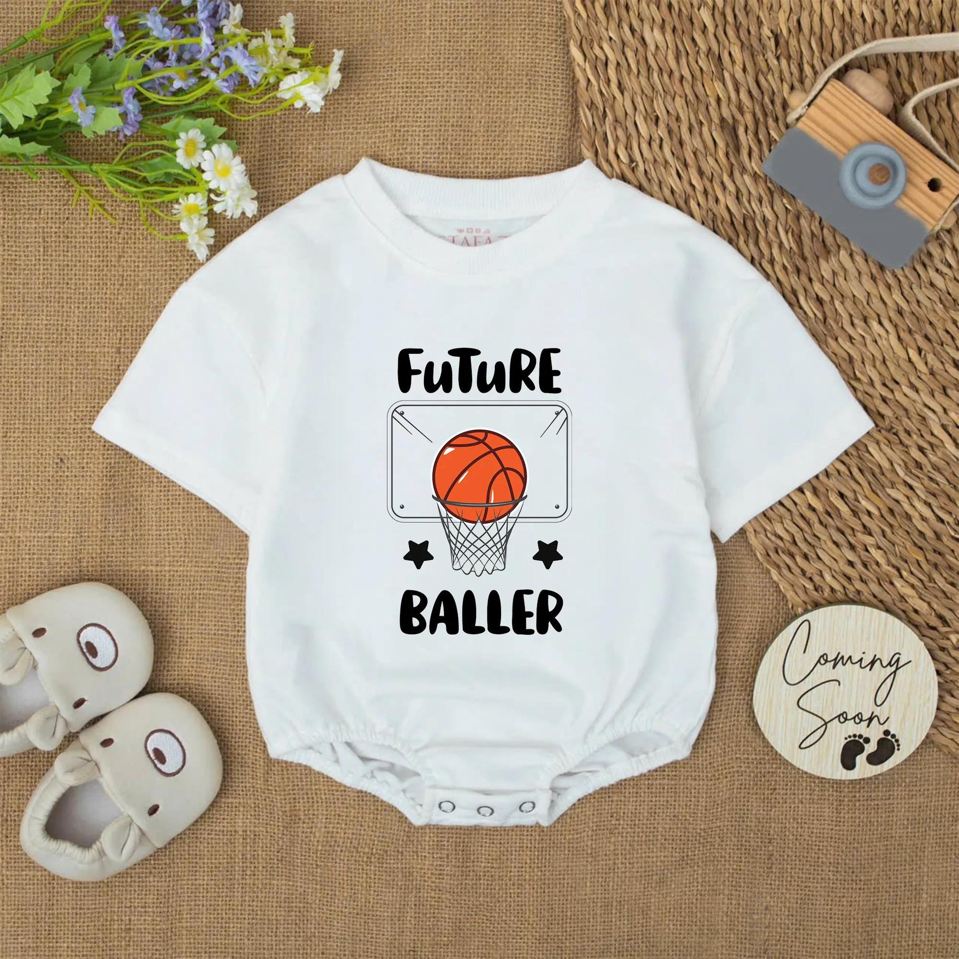 Future Baller Bubble Romper with bold basketball graphic baby boy bodysuit ideal for newborn shower gifts and aspiring little hoop stars