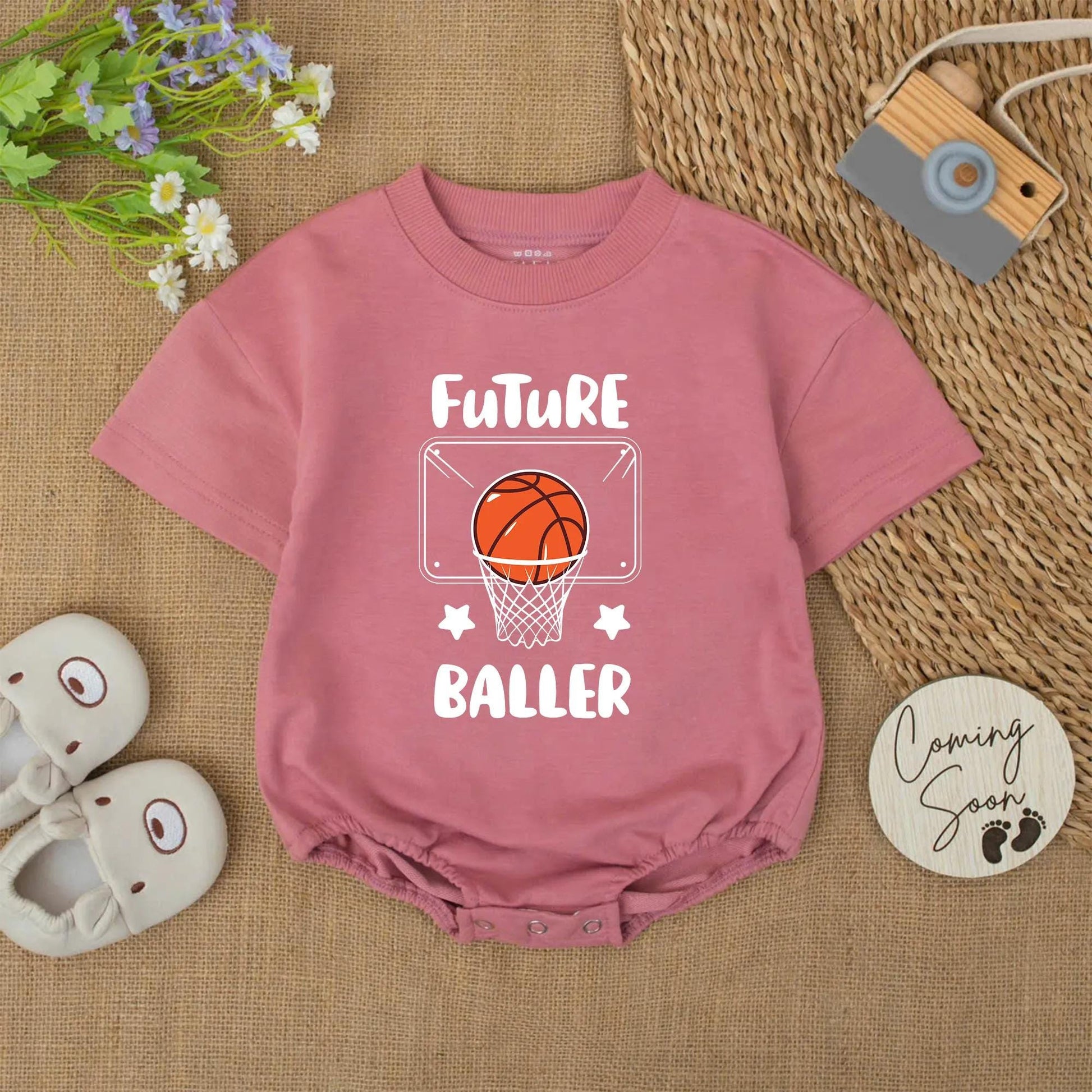 Future Baller Bubble Romper with bold basketball graphic baby boy bodysuit ideal for newborn shower gifts and aspiring little hoop stars