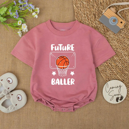 Future Baller Bubble Romper with bold basketball graphic baby boy bodysuit ideal for newborn shower gifts and aspiring little hoop stars