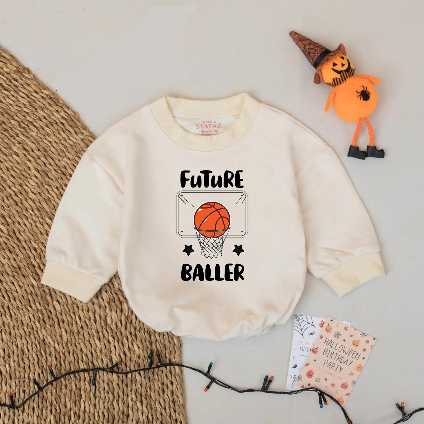 Future Baller Bubble Romper with bold basketball graphic baby boy bodysuit ideal for newborn shower gifts and aspiring little hoop stars