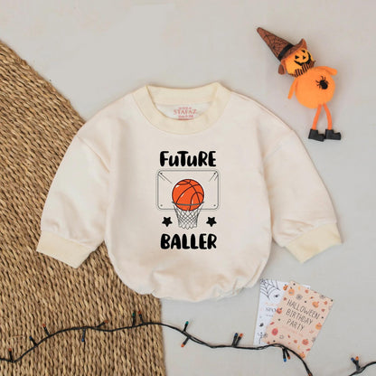 Future Baller Bubble Romper with bold basketball graphic baby boy bodysuit ideal for newborn shower gifts and aspiring little hoop stars