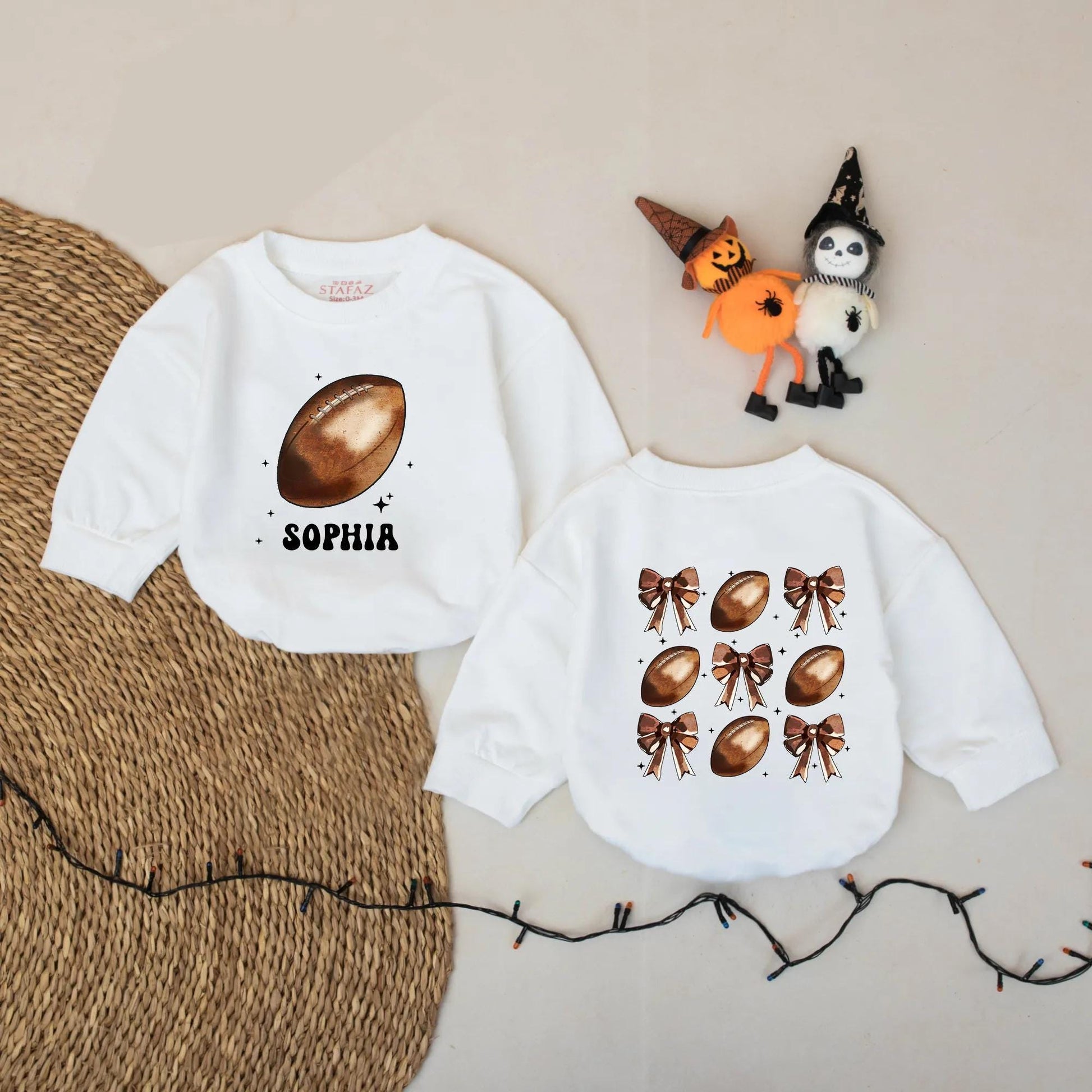 Personalized Baby Girl Football Bows Romper Outfit Cute Game Day Bubble Sweater First Birthday Sport Cheer Season Coquette