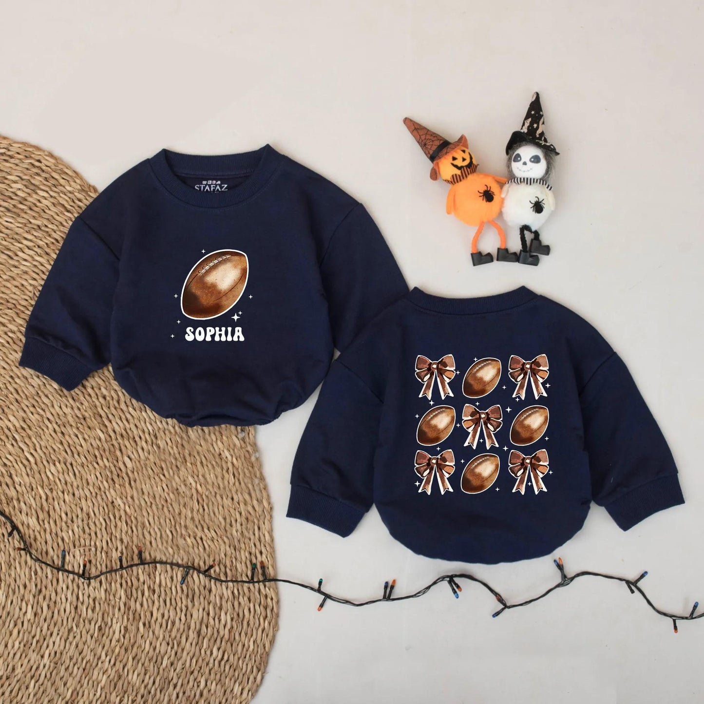 Personalized Baby Girl Football Bows Romper Outfit Cute Game Day Bubble Sweater First Birthday Sport Cheer Season Coquette