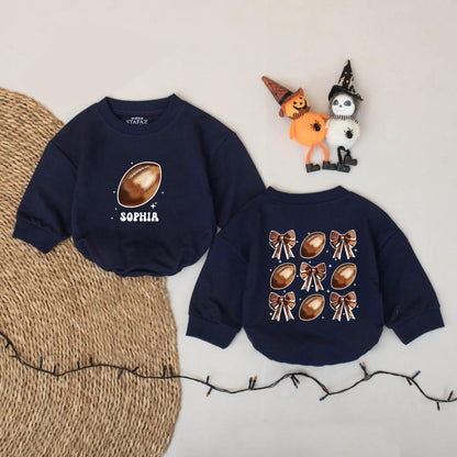 Personalized Baby Girl Football Bows Romper Outfit Cute Game Day Bubble Sweater First Birthday Sport Cheer Season Coquette