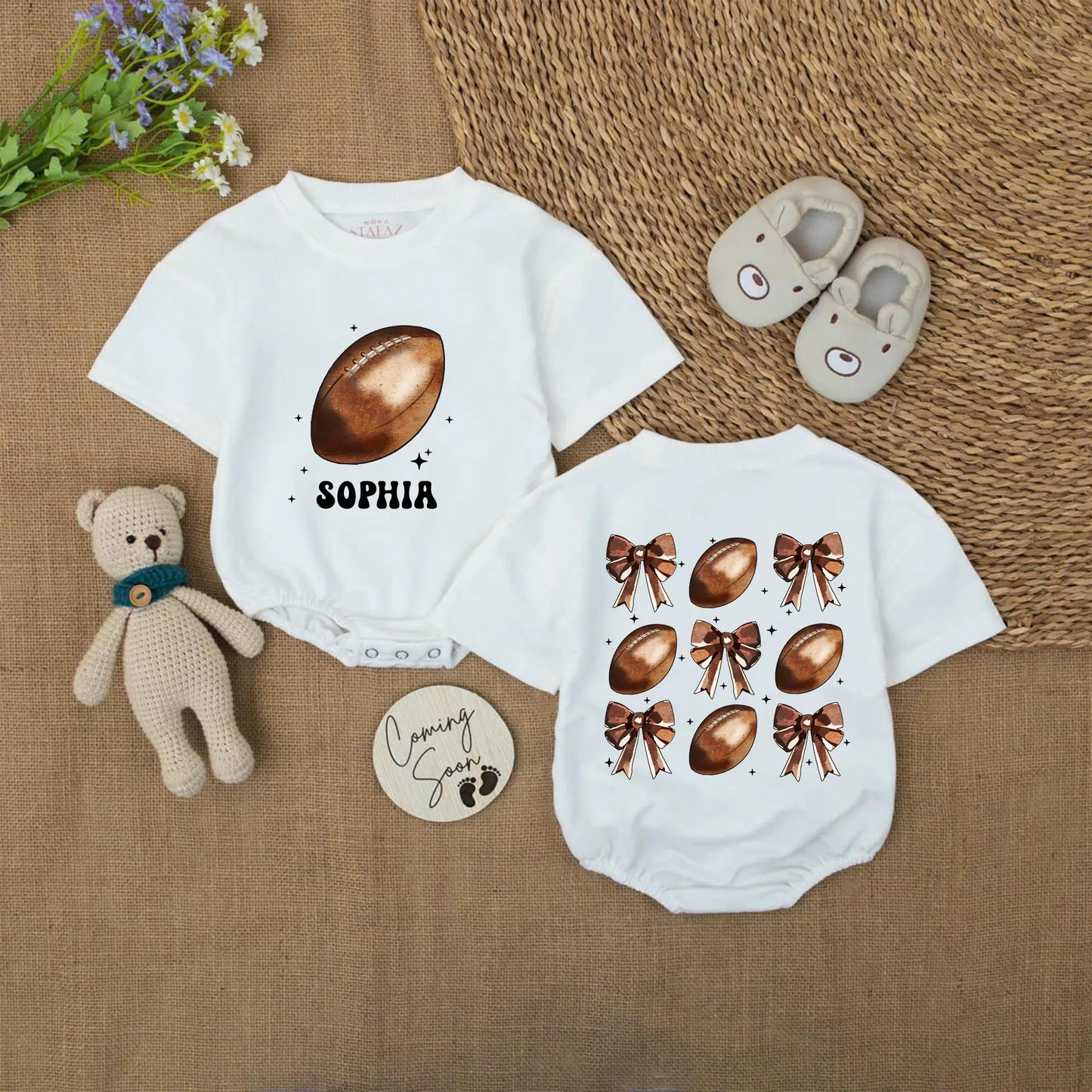 Personalized Baby Girl Football Bows Romper Outfit Cute Game Day Bubble Sweater First Birthday Sport Cheer Season Coquette