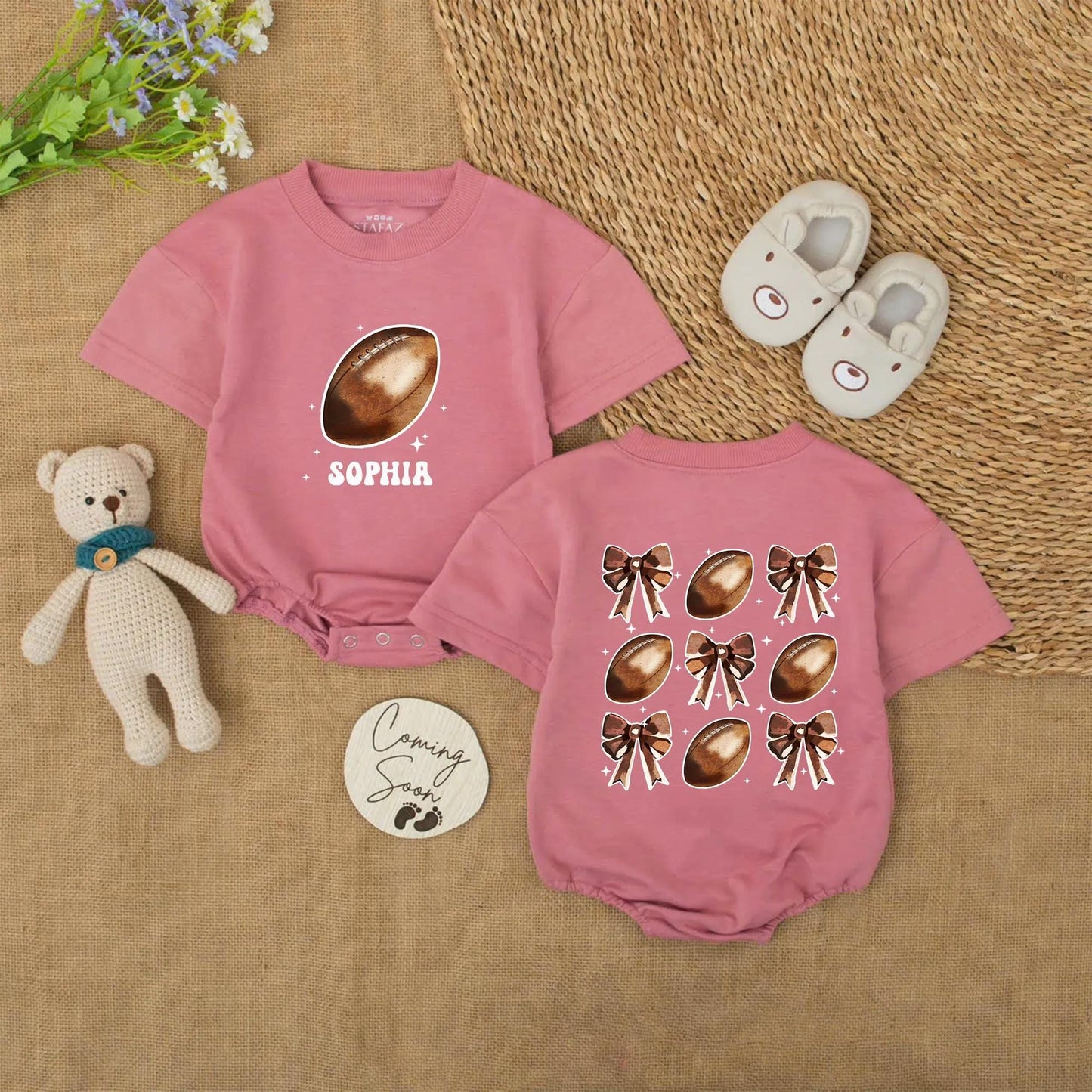 Personalized Baby Girl Football Bows Romper Outfit Cute Game Day Bubble Sweater First Birthday Sport Cheer Season Coquette