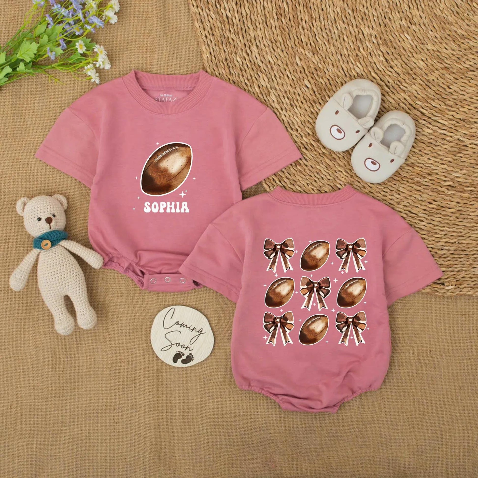 Personalized Baby Girl Football Bows Romper Outfit Cute Game Day Bubble Sweater First Birthday Sport Cheer Season Coquette