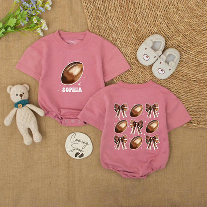 Personalized Baby Girl Football Bows Romper Outfit Cute Game Day Bubble Sweater First Birthday Sport Cheer Season Coquette