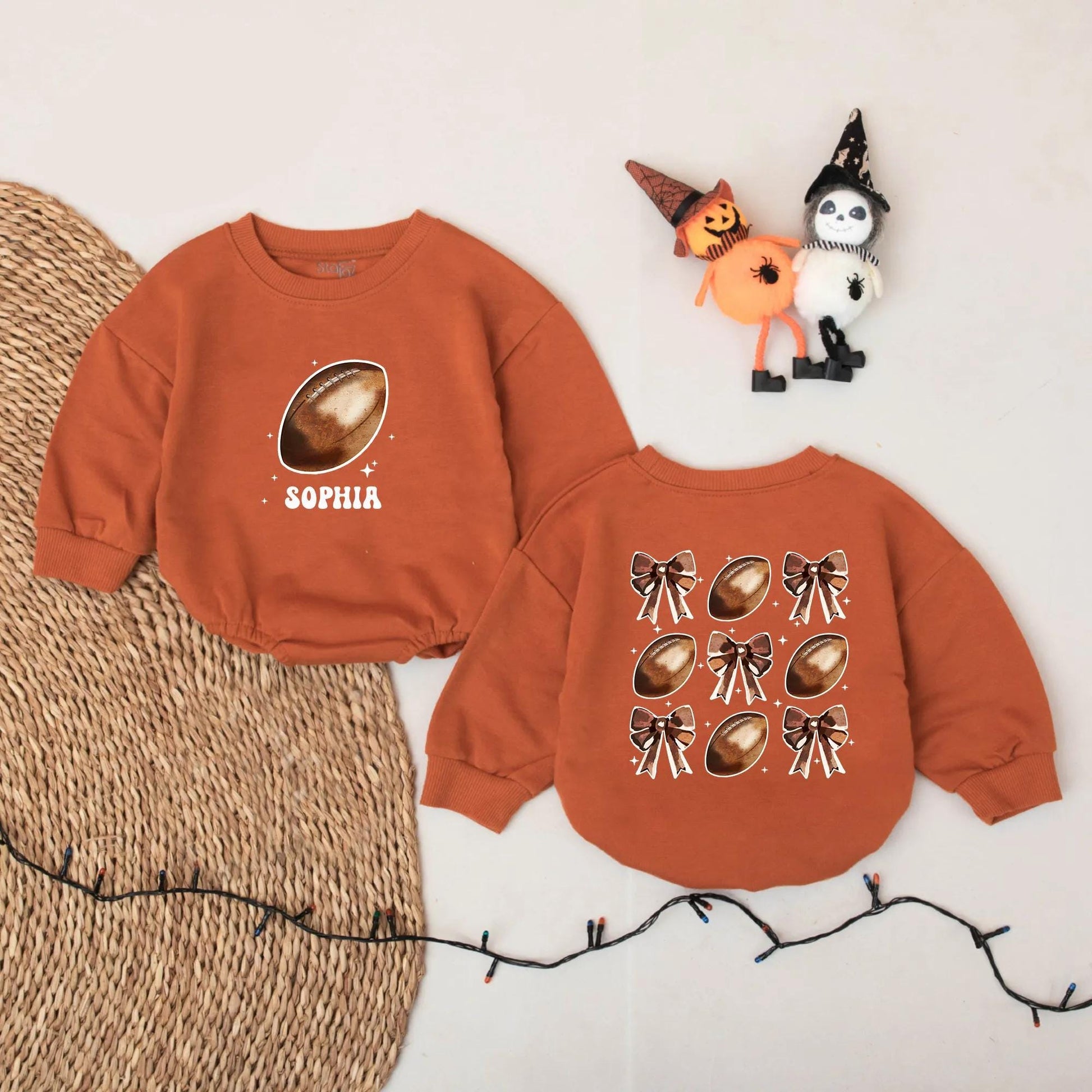 Personalized Baby Girl Football Bows Romper Outfit Cute Game Day Bubble Sweater First Birthday Sport Cheer Season Coquette