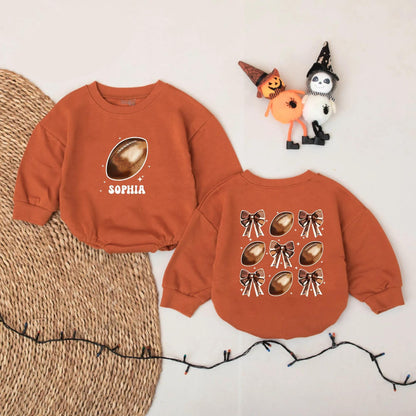 Personalized Baby Girl Football Bows Romper Outfit Cute Game Day Bubble Sweater First Birthday Sport Cheer Season Coquette