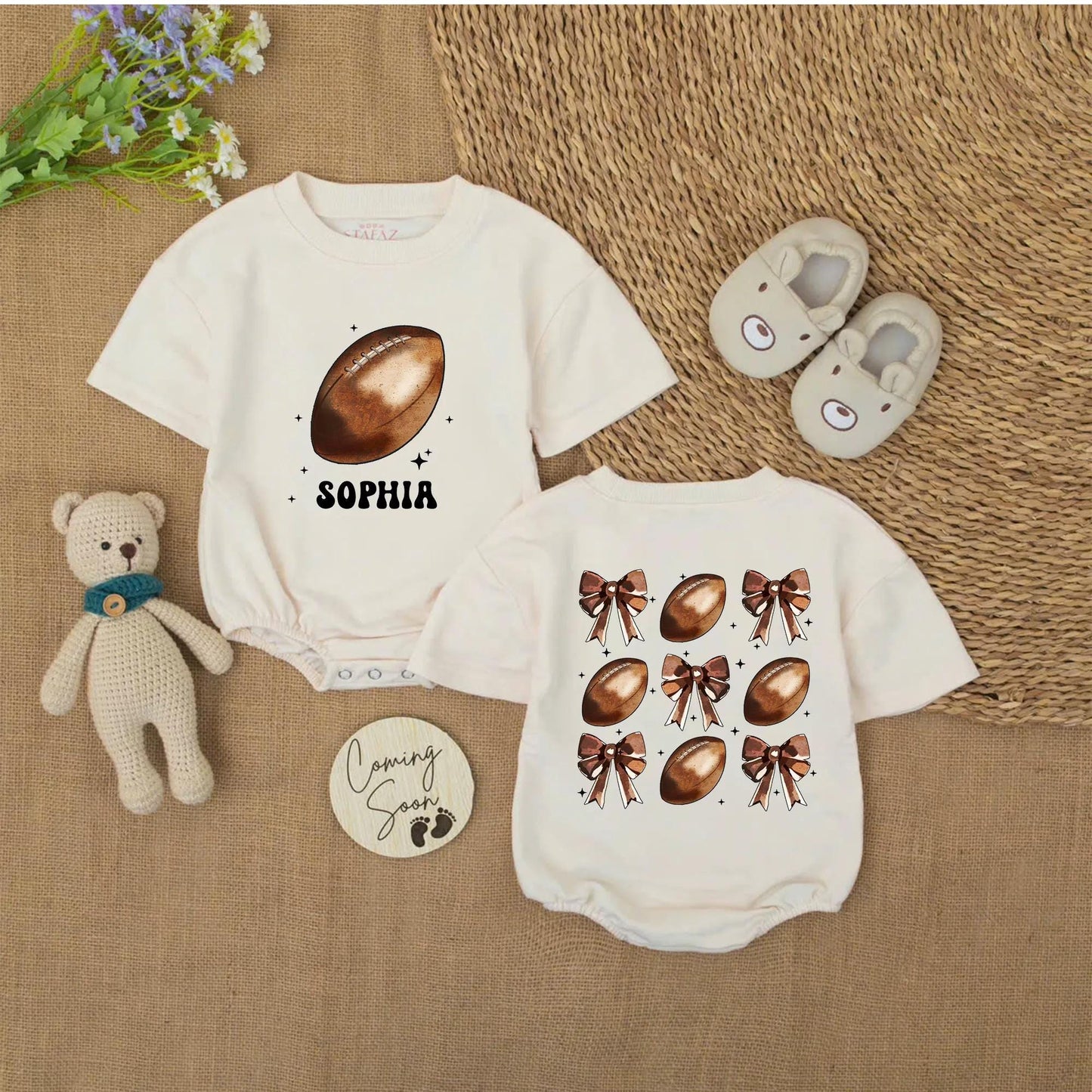 Personalized Baby Girl Football Bows Romper Outfit Cute Game Day Bubble Sweater First Birthday Sport Cheer Season Coquette