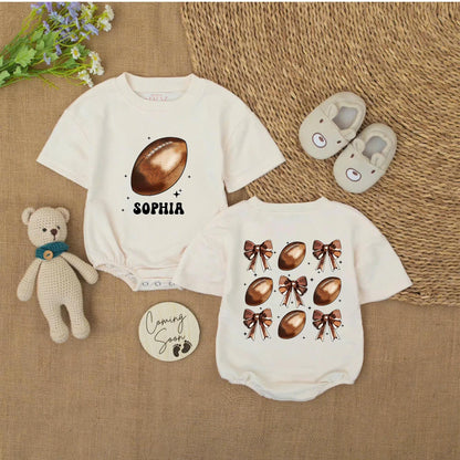 Personalized Baby Girl Football Bows Romper Outfit Cute Game Day Bubble Sweater First Birthday Sport Cheer Season Coquette
