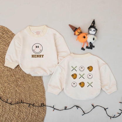 Custom Name Baseball Romper Smile Baby Bodysuit Cute Game Day Outfit Personalized Biggest Fan Little Slugger Baseball Season Short Sleeve Romper