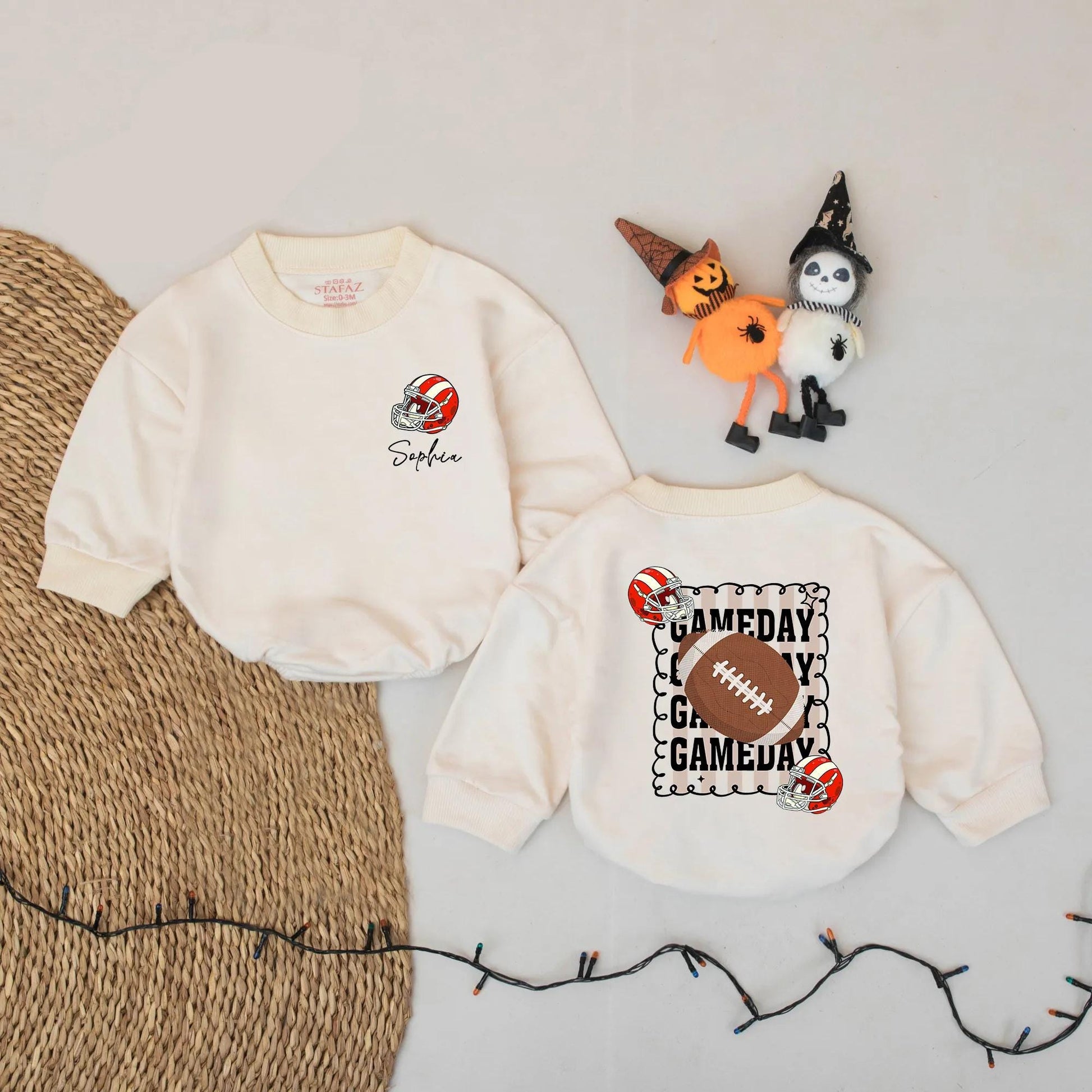 Personalized Baby Football Romper with Name & Game Day Helmet Design, Sporty Red White Cursive Sophia Newborn Toddler Bubble Sweatshirt